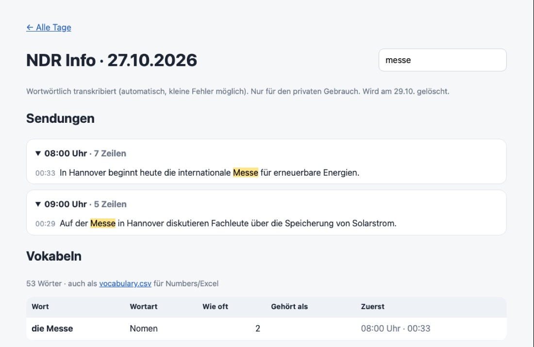 Searching the transcript (sample text)